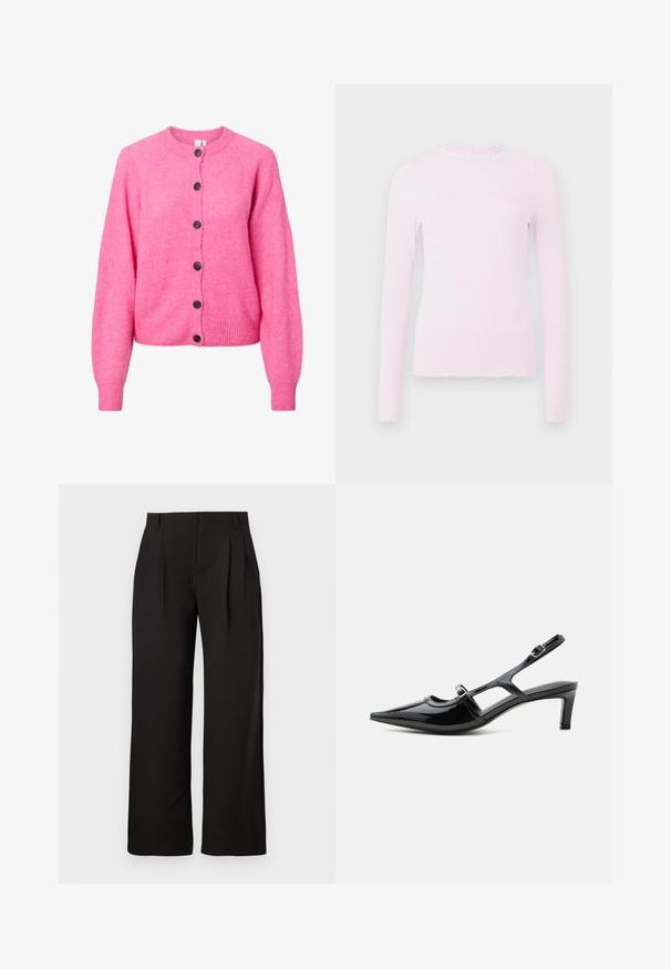 Lys pink strikket cardigan med lange ærmer, rund hals, ribbede manchetter og kant, samt seks mørke knapper ned ad forsiden.; Pink langærmet top i ribbet текстur, med en flæsekrave og et tætsiddende design med frynset kantdetalje.; Sorte højtaljede bukser med lige ben, forenden med presfolder og bæltestropper, vist mod en ensfarvet hvid baggrund.; Sort laklæder spids tå slingback sko med lav hæl og to justerbare spænder, vist i sideprofil.