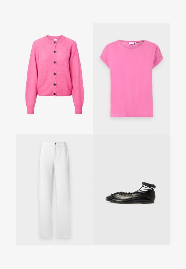 Lys pink strikket cardigan med lange ærmer, rund hals, ribbede manchetter og kant, samt seks mørke knapper ned ad forsiden.; Lyserød t-shirt med korte ærmer og rund halsudskæring, med foldede ærmekanter og et ensartet glat stof på en hvid baggrund.; Hvide bukser lavet af glat stof, med en lige ben-design, en enkelt knaplukning og sidelommer. Enkel og ren finish.; Sorte balletflade sko i laklæder med rundet tå, snørelukning og flad sål. Glat tekstur med få detaljer.