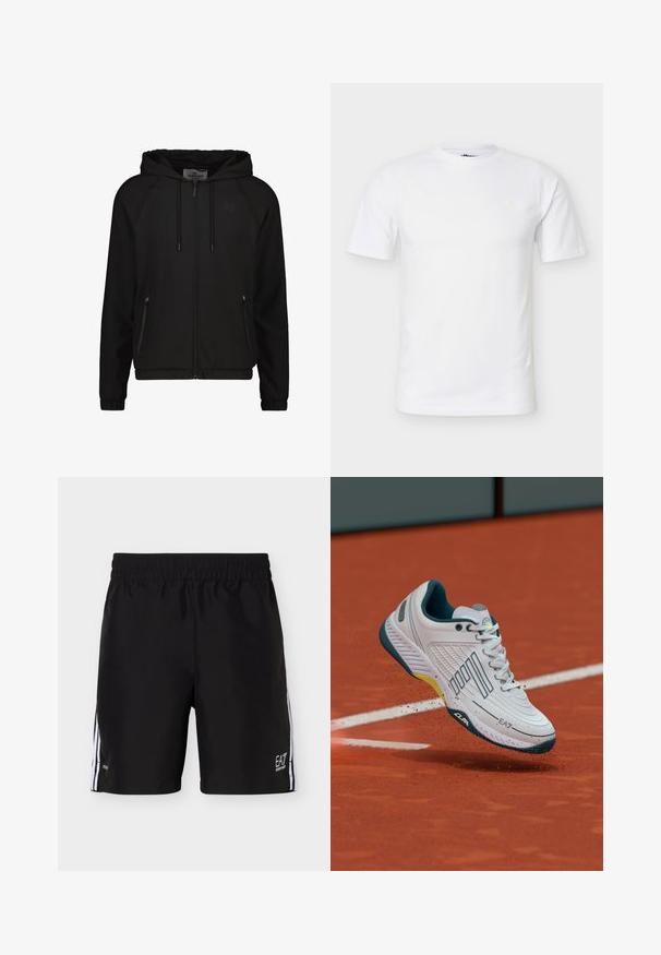 Schwarze Kapuzenjacke aus glattem Stoff. Verfügt über einen Reißverschluss vorne, zwei Seitentaschen und elastische Bündchen. Dezentes Logo auf der Brust.; Schlichtes weißes T-Shirt mit kurzen Ärmeln, Rundhalsausschnitt, minimalistischem Design und dezentem Logo auf der oberen linken Brust.; Schwarze Sportshorts mit elastischem Bund, weißen vertikalen Streifen an den Seiten und kleinem EA7 Emporio Armani-Logo am unteren rechten Bein.; Weißer Sportschuh mit strukturiertem Design, dunkelblauen Akzenten und einem gelben Detail an der Zwischensohle, in der Luft auf einem Sandplatz gezeigt.