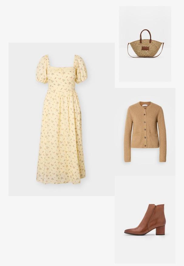 Cardigan en tricot beige avec col rond, manches longues, fermeture à boutons sur le devant et deux poches avant, présenté sur un fond blanc uni.; Robe midi jaune avec manches bouffantes, encolure carrée, imprimé floral délicat et taille froncée.; Bottillon en cuir marron avec un orteil pointu, un talon moyen et un minimum de coutures. Texture lisse avec une finition polie.; Sac à main en paille tissée avec des anses et des garnitures en cuir marron, doté d'une base ronde et d'une bandoulière amovible.