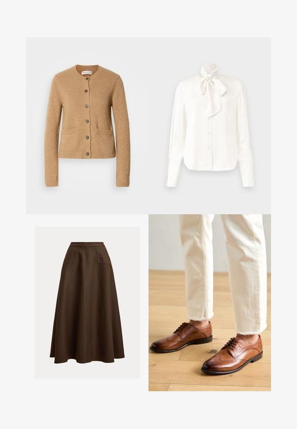 Cárdigan de punto beige con cuello redondo, mangas largas, cierre frontal de botones y dos bolsillos delanteros, presentado sobre un fondo blanco liso.; Blusa blanca de manga larga en una tela ligera con un alto cuello y un gran lazo en el cuello, con cierre delantero de botones.; Falda línea A de lino marrón con diseño de cintura alta, que cuenta con dos bolsillos delanteros y una textura lisa, que cae por debajo de la rodilla.; Zapatos brogue de cuero marrón con detalles perforados, punta redondeada y un acabado suave, combinados con pantalones de color crema con dobladillo desflecado.