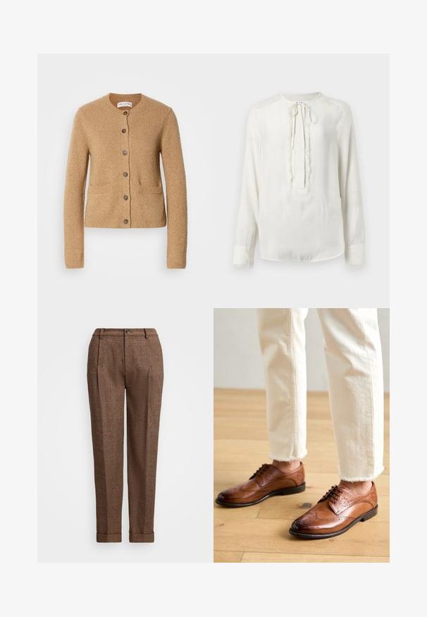 Cardigan en tricot beige avec col rond, manches longues, fermeture à boutons sur le devant et deux poches avant, présenté sur un fond blanc uni.; Blouse blanche à manches longues avec un col rond et une fermeture à nouer. Présente une bordure texturée sur le devant et les poignets. Finition en tissu lisse.; Pantalons à carreaux marron avec une coupe ajustée, présentant des plis, une fermeture à bouton et des ourlets retroussés. Tissu texturé avec des accents orange.; Chaussures brogues en cuir marron avec des détails perforés, bout arrondi et finition lisse, associées à un pantalon crème à ourlet effiloché.