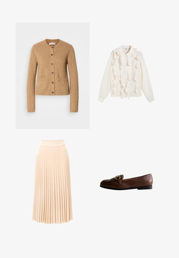Cárdigan de punto beige con cuello redondo, mangas largas, cierre frontal de botones y dos bolsillos delanteros, presentado sobre un fondo blanco liso.; Blusa blanca de manga larga con botones en la parte delantera, cuello puntiagudo y detalles de volantes verticales a lo largo de la tapeta y los hombros.; Falda midi plisada en tejido suave color melocotón. Incluye una cinturilla texturizada y un diseño fluido con pliegues verticales. Material liso y ligero.; Mocasines de cuero marrón con parte superior acolchada, que presentan un detalle de hebilla en tono dorado y una suela baja de goma negra.