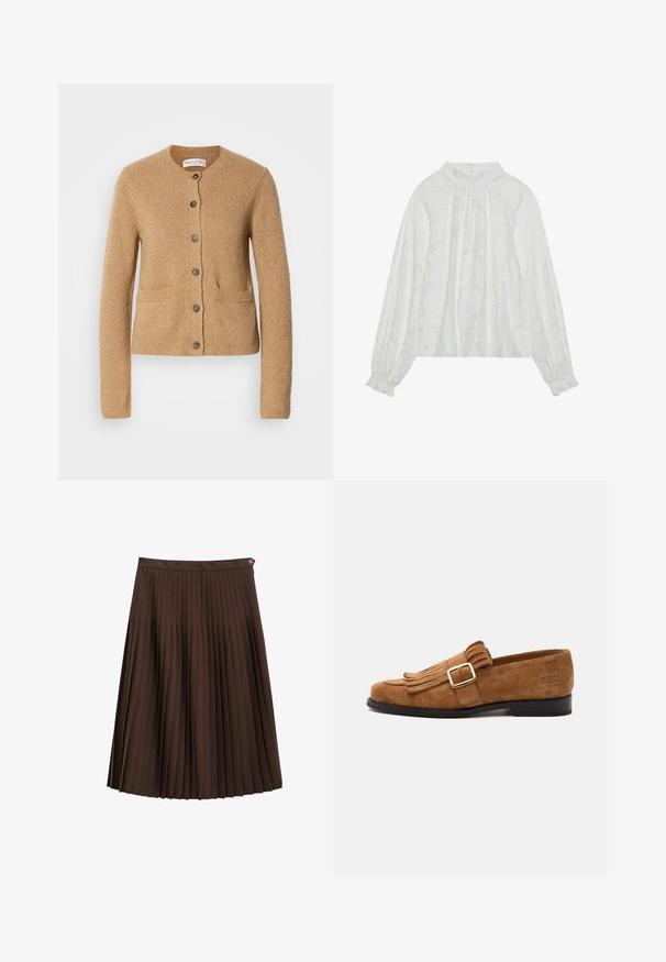 Beige gebreide cardigan met ronde hals, lange mouwen, sluiting met knopen aan de voorkant en twee voorzakken, weergegeven op een effen witte achtergrond.; Witte blouse met lange mouwen, voorzien van een gemêleerd bloemenpatroon, een gathered decolletée en elastische manchetten. Zacht, lichtgewicht stof.; Donkerbruine, knielange geplooide rok met een tailleband en een kleine metalen knoop aan de zijkant tegen een witte achtergrond.; Bruine suède herenloafer met een gouden gesp, franjes aan de bovenkant, zwarte zool en geperst merknaam op de hielzijde.