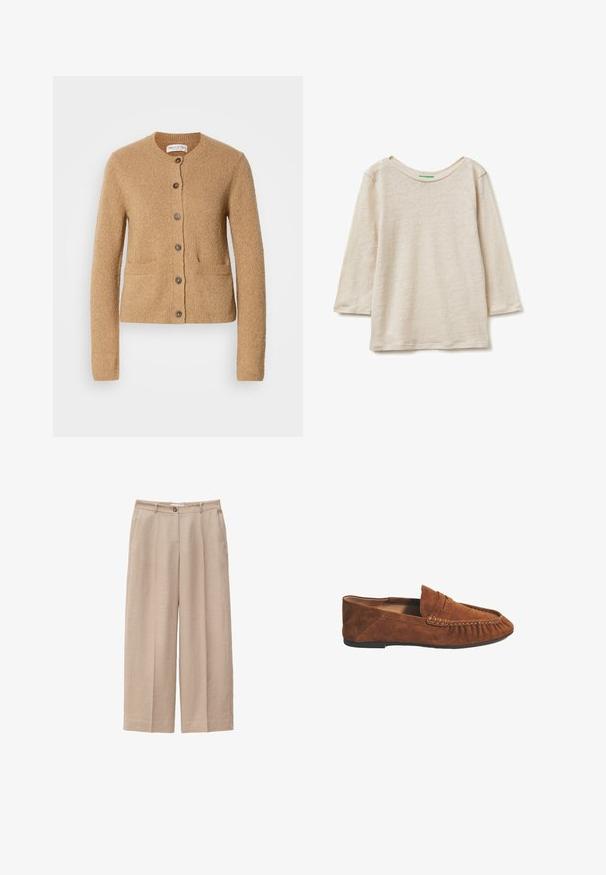 Cárdigan de punto beige con cuello redondo, mangas largas, cierre frontal de botones y dos bolsillos delanteros, presentado sobre un fondo blanco liso.; Camiseta beige de manga larga con cuello redondo, ajuste relajado y tela suave, mostrada plana sobre un fondo blanco.; Pantalones beige de pierna ancha con cierre frontal de botón y cremallera, trabillas para cinturón y bolsillos laterales, hechos de tela texturizada.; Mocasín para hombre de ante marrón con detalle de costura y correa tipo penny, suela plana de goma y puntera estilo mocasín.
