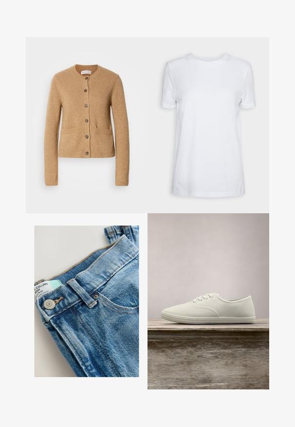 Cárdigan de punto beige con cuello redondo, mangas largas, cierre frontal de botones y dos bolsillos delanteros, presentado sobre un fondo blanco liso.; Camiseta blanca lisa de manga corta con cuello redondo, ajuste regular y una pequeña etiqueta interior en el cuello que dice "SELECTED FEMME."; Vaqueros de mezclilla de tiro alto en azul claro con una textura desgastada, que cuentan con un botón de metal, costuras en contraste y una etiqueta visible en la cintura.; Zapatillas de lona blancas con punta redondeada, seis ojales y suela de goma texturizada, suspendidas sobre una superficie de madera con hierba verde al fondo.