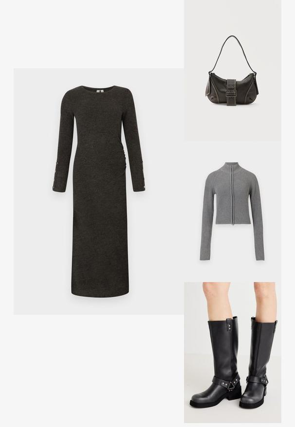 Grå ribbet strikket cropped cardigan med fuld frontlynlås og lange ærmer på en hvid baggrund.; Langærmet, mørkegrå ribbet kjole med en tætsiddende silhuet og sidelæg. Har knapdetaljer på ærmekanterne, blød tekstur.; Sorte læder støvler i knæhøjde med bred skaft, remdetaljer, sølv hardware og flad sål. Glat tekstur med en let glans.; Sort læder skuldertaske med spænde på remmen, afrundede kanter og kontrasterende hvide syninger på en ensfarvet baggrund.