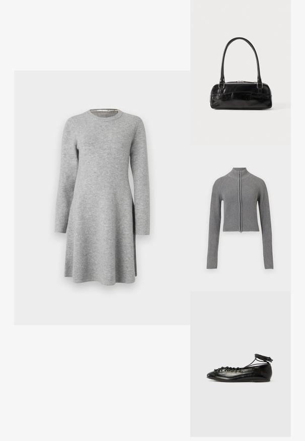 Grå ribbet strikket cropped cardigan med fuld frontlynlås og lange ærmer på en hvid baggrund.; Grå langærmet kjole lavet af blødt stof; har en rund halsudskæring og en afslappet pasform, der flarer let ved kanten med sideslids.; Sorte balletflade sko i laklæder med rundet tå, snørelukning og flad sål. Glat tekstur med få detaljer.; Sort læderhåndtaske med rektangulær form, der har et enkelt struktureret håndtag, sølvhardware og lynlås-lukning. Glat tekstur.
