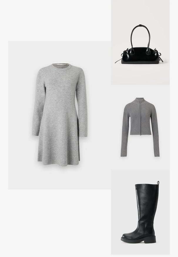 Grå ribbet strikket cropped cardigan med fuld frontlynlås og lange ærmer på en hvid baggrund.; Grå langærmet kjole lavet af blødt stof; har en rund halsudskæring og en afslappet pasform, der flarer let ved kanten med sideslids.; Høj sort læderstøvle med en trækflig øverst, rund tå og tyk lav hæl mod en ensfarvet hvid baggrund.; Lille sort blank håndtaske med to lange håndtag og snøre-detaljer i siden på en ensfarvet lys baggrund.