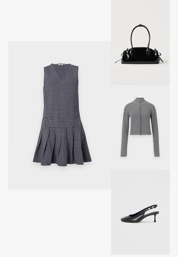 Cárdigan corto de punto acanalado gris con cremallera frontal completa y mangas largas sobre un fondo blanco.; Vestido de cuadros en navy con escote en V, diseño sin mangas, falda con plisados y cintura estructurada. Hecho de una tela ligera.; Zapato tipo slingback de cuero negro con punta puntiaguda, tacón bajo y delgado estilo kitten, y correa ajustable con hebilla, sobre un fondo claro y liso.; Pequeño bolso negro brillante con dos asas largas y detalles de cordón lateral sobre un fondo claro liso.