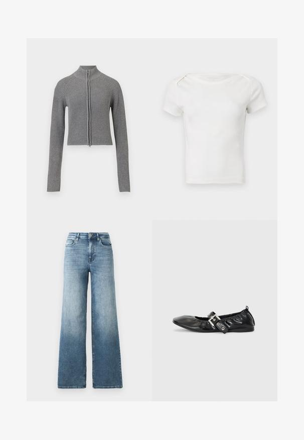 Cárdigan corto de punto acanalado gris con cremallera frontal completa y mangas largas sobre un fondo blanco.; Camiseta ribeteada de punto blanco de manga corta para bebé o niño pequeño, con escote redondo y botones a presión en el hombro, sobre un fondo liso.; Jeans de denim de pierna ancha en lavado azul claro, con cintura alta, diseño de cinco bolsillos y un ligero desvanecimiento en la tela. Cierre clásico con botón de metal.; Zapato plano de piel negra con puntera afilada, detalle fruncido alrededor de la abertura y un acento de hebilla plateada en la correa ajustable.