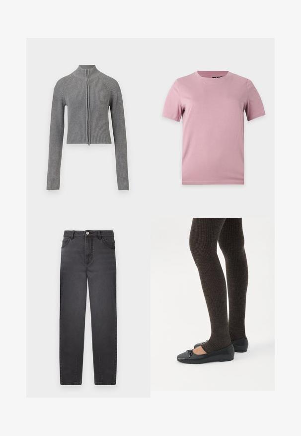 Grå ribbet strikket cropped cardigan med fuld frontlynlås og lange ærmer på en hvid baggrund.; Enkelt kortærmet blød lyserød bomulds-t-shirt med rund hals, vist på en flad lysgrå baggrund.; Sorte denim jeans med høj talje, lige ben-design, to forlommer og sølvfarvet knaplukning. Glat tekstur med svag glans.; Ben iført mørke ribbede leggings kombineret med sorte balletsko med små sløjfedetaljer på hvid baggrund.