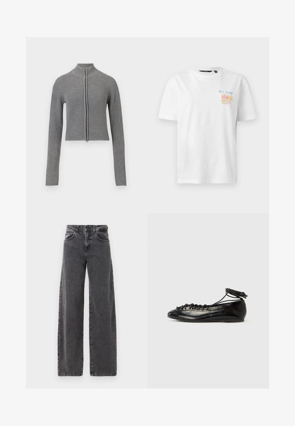 Cárdigan corto de punto acanalado gris con cremallera frontal completa y mangas largas sobre un fondo blanco.; Camiseta blanca de manga corta con pequeño estampado en el pecho que incluye "Bon Voyage", una nota de viaje, sol y el texto "Rio" en colores pastel.; Jeans de pierna ancha en denim negro con una cintura alta, diseño de cinco bolsillos y una sutil textura desvaída. Costuras reforzadas en las costuras.; Zapatos planos tipo ballet de charol negro con punta redondeada, diseño con cordones y suela plana. Textura lisa con detalles mínimos.