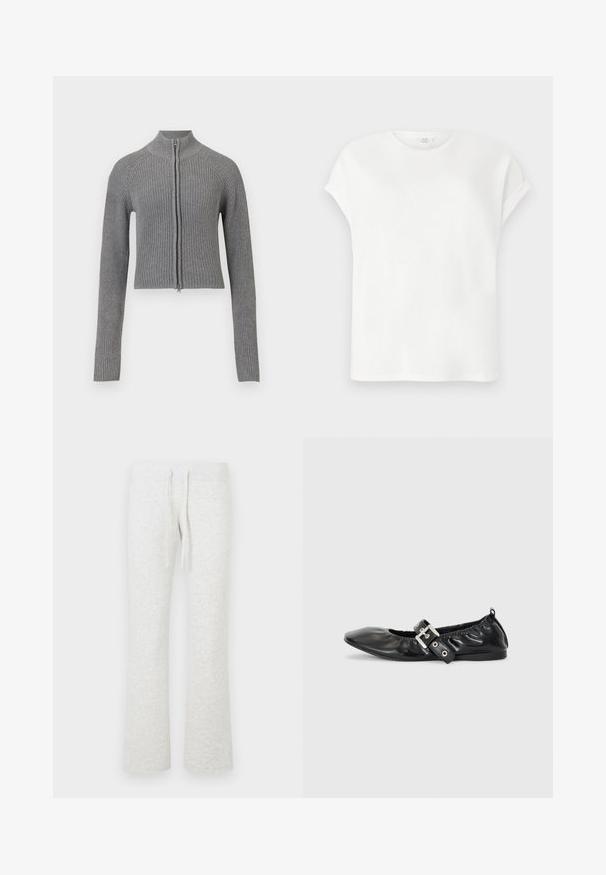 Cárdigan corto de punto acanalado gris con cremallera frontal completa y mangas largas sobre un fondo blanco.; Camiseta blanca de manga corta con las mangas remangadas y cuello redondo, mostrada extendida sobre un fondo gris claro.; Pantalones deportivos gris claro hechos de tela suave; cuentan con cintura con cordón y diseño de pierna acampanada; textura lisa sin patrones visibles.; Zapato plano de piel negra con puntera afilada, detalle fruncido alrededor de la abertura y un acento de hebilla plateada en la correa ajustable.