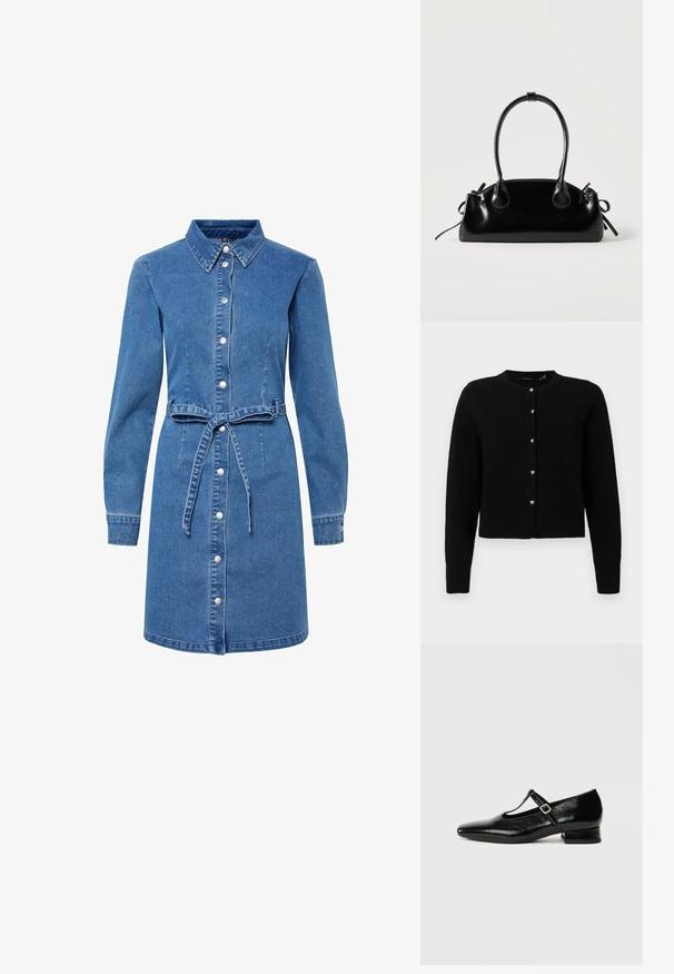 Schwarze Strickjacke aus weichem Strickstoff, runder Ausschnitt, lange Ärmel, fünf silberne herzförmige Knöpfe entlang der Vorderseite, gerippter Saum und Bündchen.; Denimkleid mit Kragen, langen Ärmeln, vorderem Knopfverschluss und gebundenem Taillengurt. Hat eine hellblaue Farbe und eine weiche Textur.; Schwarze Mary Jane Schuhe aus Leder mit spitzer Spitze, kleinem Blockabsatz und verstellbarem Riemen mit silberner Schnalle. Glatte, glänzende Textur.; Kleine schwarze glänzende Handtasche mit zwei langen Griffen und seitlichen Kordelzug-Details vor einfachem hellem Hintergrund.