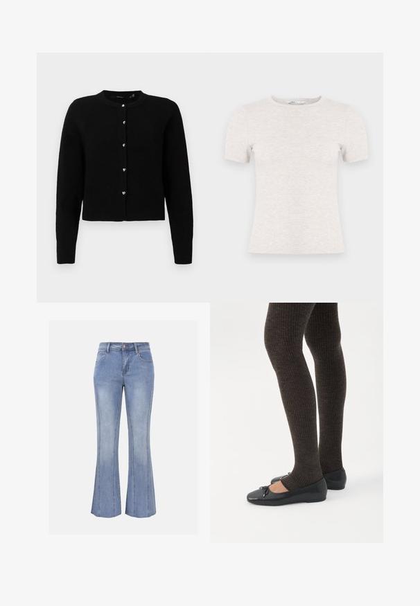 Zwarte cardigan van zacht breiwerk, ronde halslijn, lange mouwen, vijf zilveren hartvormige knopen aan de voorkant, geribde zoom en manchetten.; Lichtgrijs T-shirt met korte mouwen, gemaakt van geribbelde stof met een ronde hals. Eenvoudig ontwerp, gladde textuur, geen zichtbare patronen of accenten.; Lichtblauwe denim jeans met een lichte uitlopende pijp, knoop- en ritssluiting, voor- en achterzakken en zichtbare verticale naaddetails.; Benen met donkere geribbelde leggings gecombineerd met zwarte ballerina's met kleine strikdetails op een witte achtergrond.