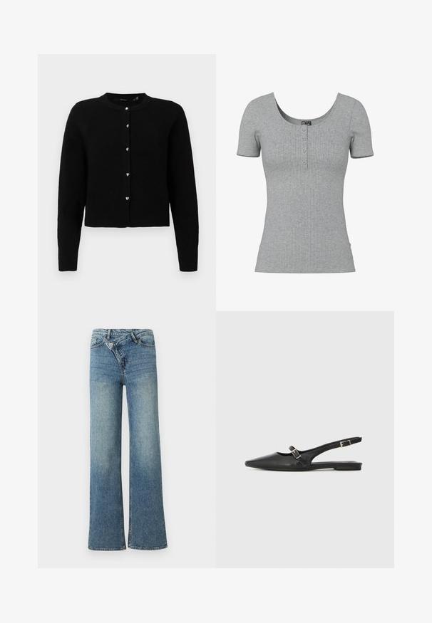 Schwarze Strickjacke aus weichem Strickstoff, runder Ausschnitt, lange Ärmel, fünf silberne herzförmige Knöpfe entlang der Vorderseite, gerippter Saum und Bündchen.; Grau geripptes Kurzarmshirt mit Rundhalsausschnitt und vier kleinen Knöpfen in der Mitte vorne.; Hellblaue Jeans aus Denim mit weitem Bein, hoher Taille, leichter Verblassung und Knopfverschluss vorne. Verfügt über fünf Taschen und minimale Nähte.; Schwarze Slingback-Schuhe aus Leder mit spitzer Zehenpartie, schmalem Riemen und silberner Schnallenverzierung an der Seite. Flache Sohle.