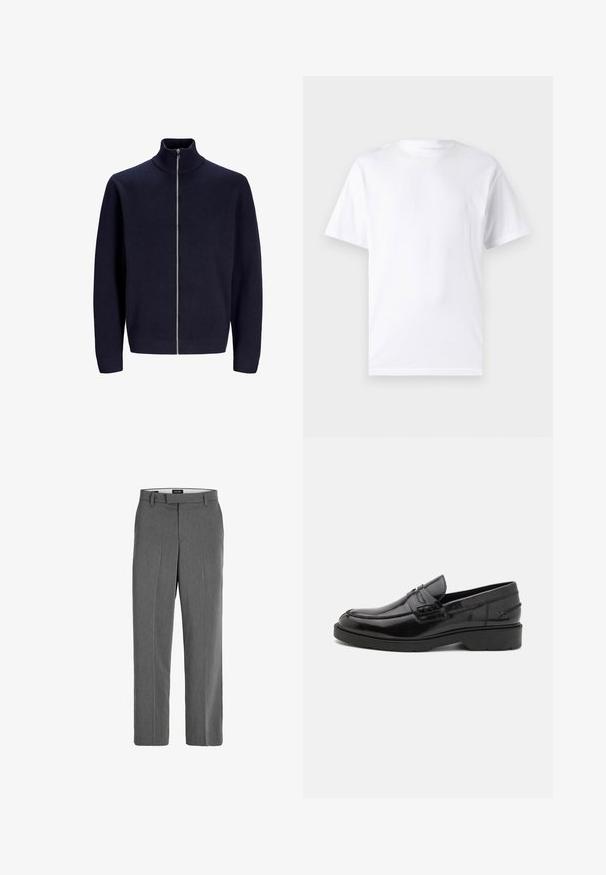 Marineblaues Zip-Up-Sweatshirt mit hohem Kragen, aus strukturiertem Stoff, ausgestattet mit einem Frontreißverschluss und eng anliegenden Bündchen. Einfaches, modernes Design.; Weißes kurzärmeliges T-Shirt aus Baumwolle mit Rundhalsausschnitt, das eine glatte Textur und ein einfaches Design ohne Muster oder Akzente aufweist.; Graue Hose mit glatter Textur, geradem Bein-Design und subtilen vertikalen Mustern. Mit Gürtelschlaufen sowie vorderen und hinteren Taschen.; Schwarze Lederloafers mit glatter Oberfläche, abgerundetem Zehenbereich, niedrigem Absatz und dekorativer Naht entlang der Vorderseite. Gummisohle für guten Halt.