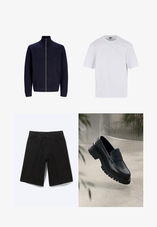 Marineblaues Zip-Up-Sweatshirt mit hohem Kragen, aus strukturiertem Stoff, ausgestattet mit einem Frontreißverschluss und eng anliegenden Bündchen. Einfaches, modernes Design.; Weißes T-Shirt mit kurzen Ärmeln aus Baumwolle. Besitzt einen Rundhalsausschnitt und eine lockere Passform. Glatte Textur, minimalistisches Design, ohne Muster oder Akzente.; Schwarze knielange Jeansshorts mit Frontknopf, Gürtelschlaufen und fünf Taschen, dargestellt vor weißem Hintergrund.; Schwarze Lederloafer mit einer robusten profilierten Sohle, ausgestattet mit einem dekorativen Riemen und einer Stichdetail. Glatte Textur mit einem polierten Finish.