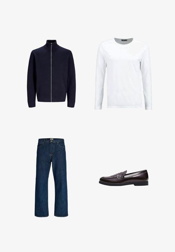 Marineblaues Zip-Up-Sweatshirt mit hohem Kragen, aus strukturiertem Stoff, ausgestattet mit einem Frontreißverschluss und eng anliegenden Bündchen. Einfaches, modernes Design.; Weiße langärmlige T-Shirt aus Baumwolle, mit Rundhalsausschnitt und glatter Textur. Keine Muster oder Akzente. Schlichtes Design.; Dunkelblaue gerade geschnittene Jeans mit Knöpfen vorne, Reißverschluss und Fünf-Taschen-Design.; Dunkelbrauner Lederloafer mit niedrigem Absatz, abgesteppten Details an der Spitze und einem dekorativen Riemen über dem oberen Teil.