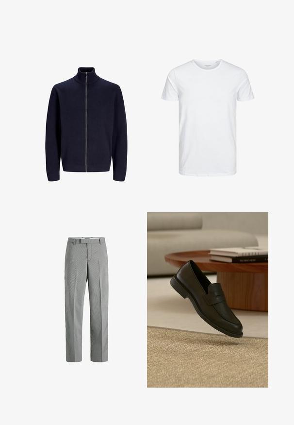 Marineblaues Zip-Up-Sweatshirt mit hohem Kragen, aus strukturiertem Stoff, ausgestattet mit einem Frontreißverschluss und eng anliegenden Bündchen. Einfaches, modernes Design.; Rundhals-T-Shirt mit kurzen Ärmeln in reinem Weiß, aus weicher Baumwolle, mit einem schlichten Design ohne sichtbare Muster oder Akzente.; Grau-weiße karierten Hosen mit geradem Bein-Design, featuring eine flache Vorderseite, Gürtelschlaufen und versteckte Seitentaschen.; Schwarzer Lederloafer-Schuh schwebt über einem beige gewebten Teppich, mit einem Holztisch und gestapelten Büchern in einem sanft beleuchteten Wohnzimmer.