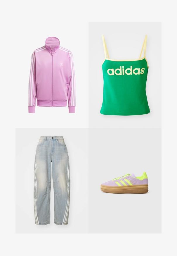 Chaqueta rosa con cremallera y cuello alto, con franjas blancas en las mangas y un pequeño logo blanco en el pecho. Tela suave y ligera.; Top verde con detalles amarillos, hecho de material elástico. Presenta un gran logo de "adidas" amarillo en el frente y tirantes delgados.; Jeans de denim azul claro con corte holgado, que presentan franjas blancas a los lados, detalles desgastados y un cierre de botón en la cintura.; Zapatillas deportivas con cordones en ante color púrpura claro con acentos en amarillo brillante y tres rayas. Suela gruesa de caucho natural. Diseño minimalista sin patrones.