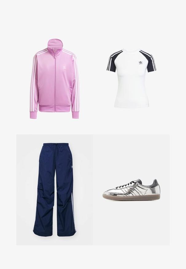 Chaqueta rosa con cremallera y cuello alto, con franjas blancas en las mangas y un pequeño logo blanco en el pecho. Tela suave y ligera.; Camiseta blanca de manga corta con mangas raglán negras. Presenta tres franjas negras en los hombros y un pequeño logo negro de Adidas en el pecho.; Pantalones de color azul marino, ligeros, con cintura elástica y cordón ajustable, con franjas blancas laterales y un pequeño logo en la parte delantera. Diseño de corte holgado.; Zapatilla baja con parte superior plateada reflectante, cordones y talón negros, y suela de goma beige sobre un fondo claro y liso.