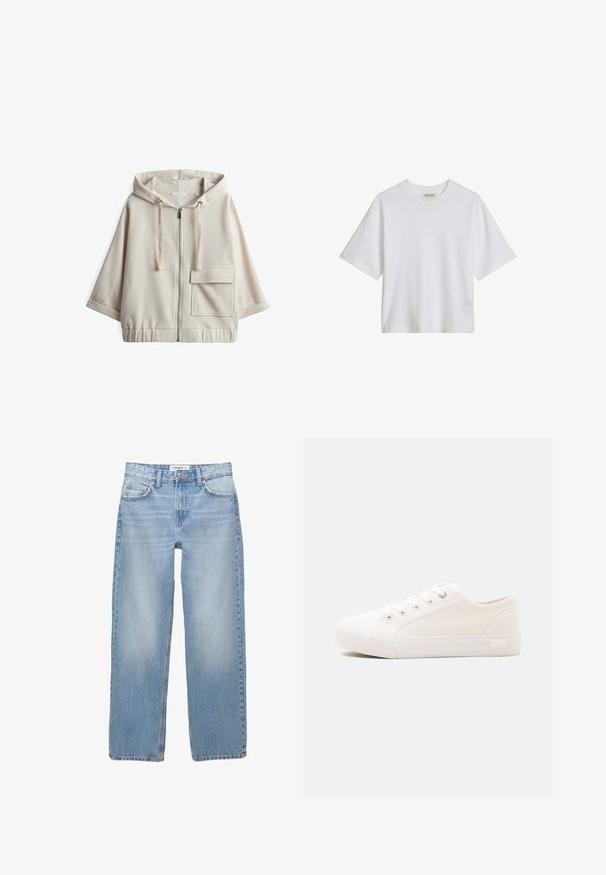 Beige hooded zip-up sweatshirt met een grote voorzak, een losse pasvorm, elastische tailleband en een soepele katoenmix textuur.; Wit katoenen T-shirt met korte mouwen en een ronde hals, losse pasvorm, effen voorkant met zichtbare kraaglabel tegen een effen achtergrond.; Lichtblauwe denim jeans met een recht model, vijf zakken en zichtbare stiksels. De stof heeft een zachte, iets vervaagde textuur.; Witte lage canvas sneaker met witte rubberen zool en witte veters, afgebeeld op een effen lichte achtergrond.