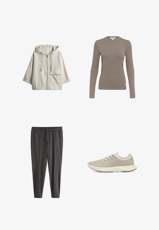 Beige Kapuzenzipper-Sweatshirt mit großer Fronttasche, lockerer Passform, elastischem Bund und glattem Baumwollmischgewebe.; Langärmliges Oberteil in Hellbraun, aus dehnbarem Stoff. Mit einem Rundhalsausschnitt und flachen Nähten, versehen mit einem kleinen Logotag am unteren linken Rand.; Dunkelgraue Freizeithose mit elastischem Bund und Kordelzug, schmal zulaufende Beine, aus weichem Stoff.; Hellbeiger gestrickter Low-Top-Sneaker mit Schnürfront, gepolsterter Sohle und profilierter Außensohle für guten Halt.