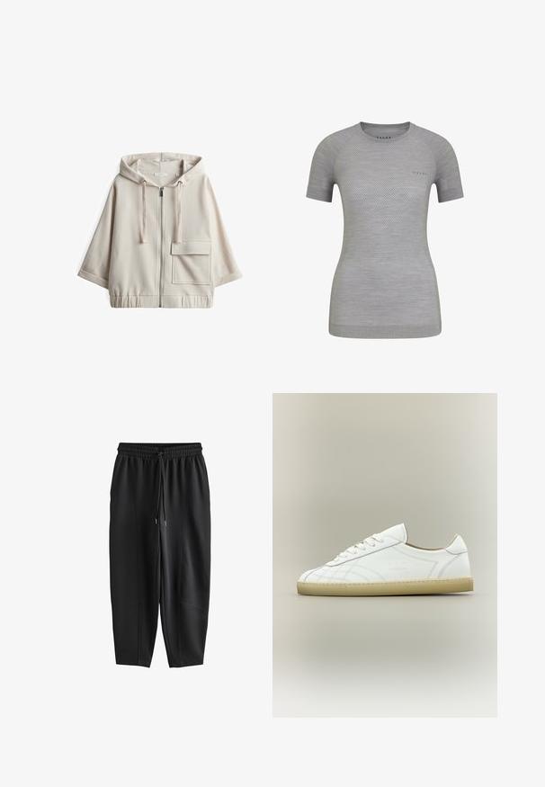 Beige Kapuzenzipper-Sweatshirt mit großer Fronttasche, lockerer Passform, elastischem Bund und glattem Baumwollmischgewebe.; Hellgraues Sportshirt mit kurzen Ärmeln, atmungsaktiver Textur und gemustertem Mesh-Detail. FALKE-Logo auf der Vorderseite. Rundhalsausschnitt.; Schwarze, zulaufende Jogginghosen mit elastischem Bund und Kordelzug, mit Nahtdetails auf der Vorderseite und weiter Passform.; Weißer Leder-Sneaker mit niedrigem Schnitt, beiger Sohle, Schnürdesign und dezenten gesteppten Mustern auf neutralem Hintergrund.