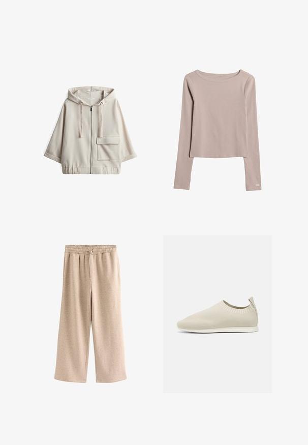 Beige hooded zip-up sweatshirt met een grote voorzak, een losse pasvorm, elastische tailleband en een soepele katoenmix textuur.; Lichtbeige longsleeve shirt gemaakt van zachte, rekbare stof. Kenmerkt zich door een brede halslijn en een iets verkorte zoom. Subtiele stikseldetails.; Beige broek met wijde pijpen, een elastische tailleband en een koordje, gemaakt van een zachte, gevlekte stof.; Beige gebreide instap schoen met een lage profiel, textuur bovenkant en een flexibele zool. Kenmerkt zich door een geweven ontwerp rond de enkel voor comfort.