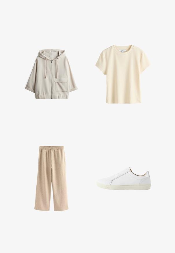 Beige Kapuzenzipper-Sweatshirt mit großer Fronttasche, lockerer Passform, elastischem Bund und glattem Baumwollmischgewebe.; Kurzärmliges, geripptes Baumwoll-T-Shirt mit rundem Ausschnitt und Innenetikett im Kragen auf weißem Hintergrund.; Cremefarbene Schlaghosen aus einem weichen Baumwollmix. Sie verfügen über einen elastischen Bund mit Kordelzug und einer dezenten gesprenkelten Textur.; Weißer flacher Leder-Sneaker mit seitlichem Reißverschluss, beigem Innenfutter und elfenbeinfarbener Gummisohle, von der Außenseite gezeigt.