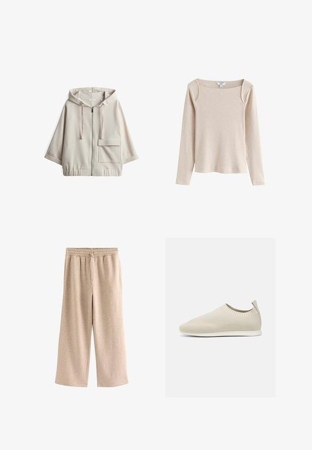 Beige Kapuzenzipper-Sweatshirt mit großer Fronttasche, lockerer Passform, elastischem Bund und glattem Baumwollmischgewebe.; Beiges langärmeliges, geripptes Strickoberteil mit quadratischem Ausschnitt und leichtem Schulterdetail, auf weißem Hintergrund dargestellt.; Beige Hose mit weitem Bein, elastischem Bund und Kordelzug, aus einem weichen, gesprenkelten Stoff.; Beige gestrickter Slipper mit niedrigem Profil, strukturiertem Obermaterial und flexibler Sohle. Verfügt über ein gewebtes Design um den Knöchel für zusätzlichen Komfort.
