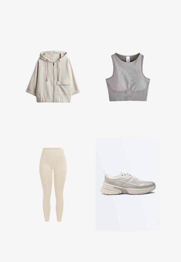 Beige Kapuzenzipper-Sweatshirt mit großer Fronttasche, lockerer Passform, elastischem Bund und glattem Baumwollmischgewebe.; Grauer, gerippter Sport-BH mit rundem Ausschnitt, breiten Trägern und dezentem Logodetail am unteren Rand. Weiches, nahtloses Material.; Beige nahtlose Leggings mit hohem Bund, breitem elastischem Taillenbund und knöchellangem Schnitt vor weißem Hintergrund.; Beiger und weißer Sportschuh mit dicker Sohle, Obermaterial aus Mesh-Stoff, Schnürverschluss und profilierter Außensohle für besseren Halt.