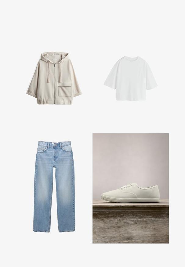 Beige Kapuzenzipper-Sweatshirt mit großer Fronttasche, lockerer Passform, elastischem Bund und glattem Baumwollmischgewebe.; Schlichtes weißes oversized T-Shirt mit kurzen Ärmeln, rundem Ausschnitt und lockerem Schnitt.; Helle blaue Jeans aus Denim mit geradem Bein, Fünf-Taschen-Stil und sichtbaren Nähdetails. Der Stoff hat eine weiche, leicht ausgewaschene Textur.; Weiße Leinenschuhe mit einer abgerundeten Spitze, sechs Ösen und einer strukturierten Gummisohle, die über einer Holzoberfläche schwebt, mit grünem Gras im Hintergrund.
