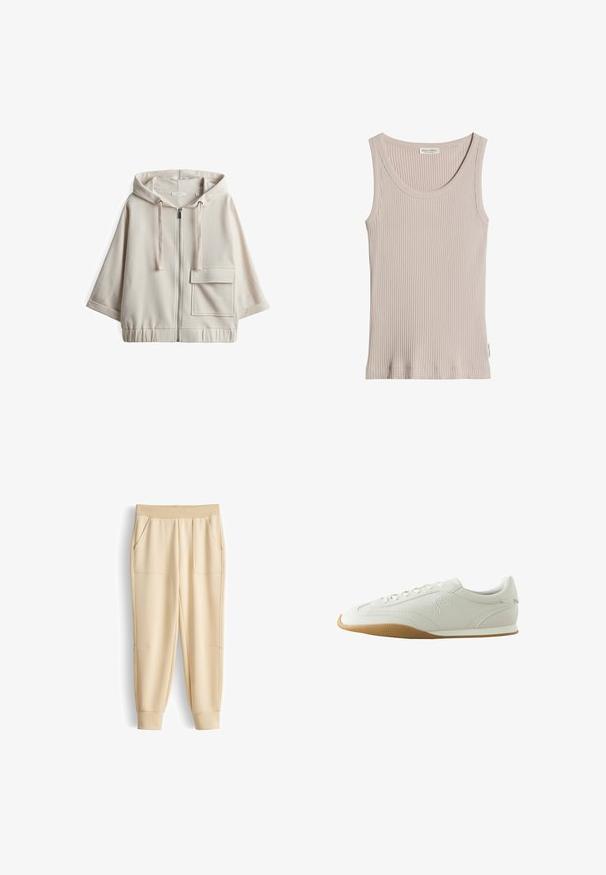 Beige hooded zip-up sweatshirt met een grote voorzak, een losse pasvorm, elastische tailleband en een soepele katoenmix textuur.; Beige geribd mouwloos tanktopje met ronde hals, zichtbaar merklabel binnenin de kraag en een klein zijlabel op een effen witte achtergrond.; Beige casual joggerbroek met elastische tailleband, twee voorzakken en gerafelde enkels.; Witte lage sneaker met bruine rubberen zool, stikseldetails, veterluiting aan de voorkant en geborduurd logo aan de zijkant.