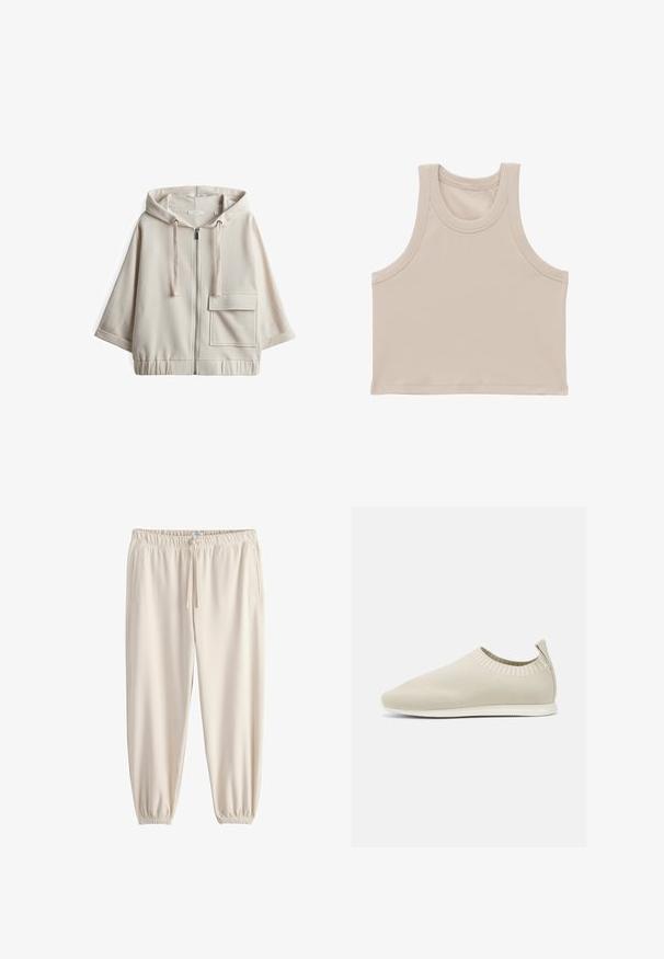Beige hooded zip-up sweatshirt met een grote voorzak, een losse pasvorm, elastische tailleband en een soepele katoenmix textuur.; Beige geribde mouwloze crop top met brede armsgaten en een ronde halslijn.; Joggingbroek in roomkleur, gemaakt van zachte stof, met een elastische tailleband, trekkoord en taps toelopende boorden. Voorzien van steekzakken aan de zijkant.; Beige gebreide instap schoen met een lage profiel, textuur bovenkant en een flexibele zool. Kenmerkt zich door een geweven ontwerp rond de enkel voor comfort.