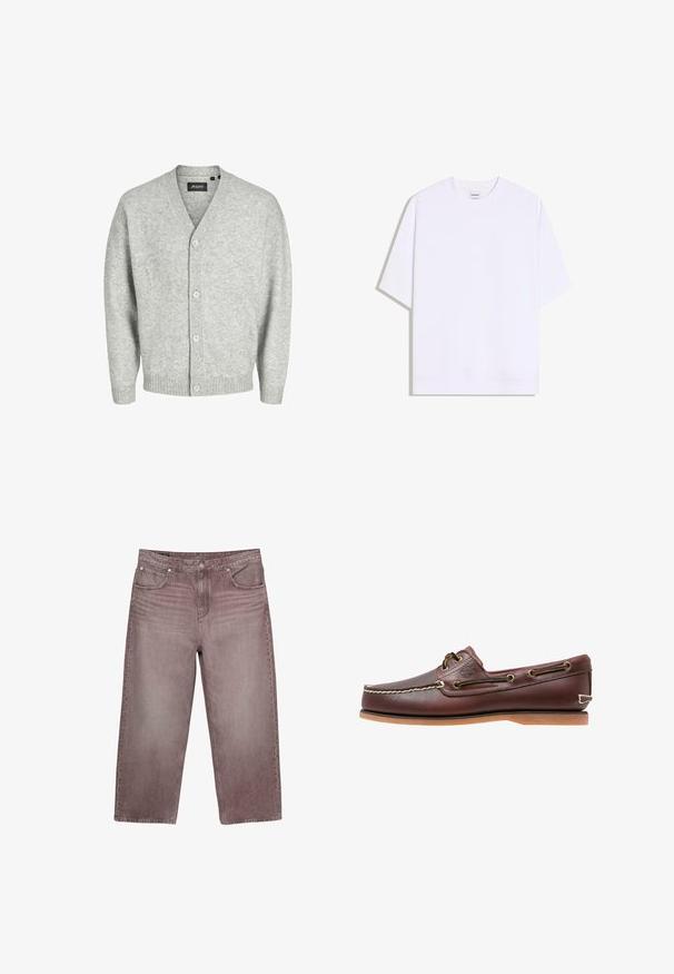 Gilet gris clair en tricot doux avec un col en V, cinq boutons sur le devant et des manches et un ourlet à côtes.; T-shirt blanc uni oversize à manches courtes avec encolure ronde, posé à plat sur fond blanc.; Jean droit court en mauve délavé avec bouton frontal, fermeture à glissière et style cinq poches, présenté sur fond blanc.; Chaussure bateau en cuir marron avec coutures blanches, détails de lacets et semelle en caoutchouc beige, vue de côté sur fond blanc.