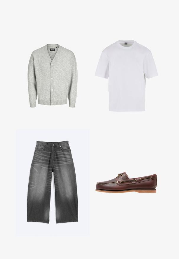 Ανοιχτό γκρι καπιτονέ με μαλακό πλεκτό ύφασμα, με V-λαιμόκοψη, πέντε κουμπιά μπροστά και ριμπαριστούς καρπούς και ύψος στο τελείωμα.; Λευκό κοντομάνικο μπλουζάκι από βαμβάκι. Διαθέτει στρογγυλή λαιμόκοψη και άνετη εφαρμογή. Λείο υλικό, μινιμαλιστικός σχεδιασμός, χωρίς μοτίβα ή διακοσμητικά.; Τζιν με φαρδύ πόδι σε ξεθωριασμένο μαύρο χρώμα με εμπρόσθιες τσέπες και κουμπωτό κλείσιμο, απλωμένα επίπεδα σε ανοιχτό φόντο.; Καφέ δερμάτινο παπούτσι για ιστιοπλοΐα με λευκά ραφές, λεπτομέρειες κορδονιών και ταμπά λαστιχένια σόλα, εμφανιζόμενο από το πλάι σε λευκό φόντο.