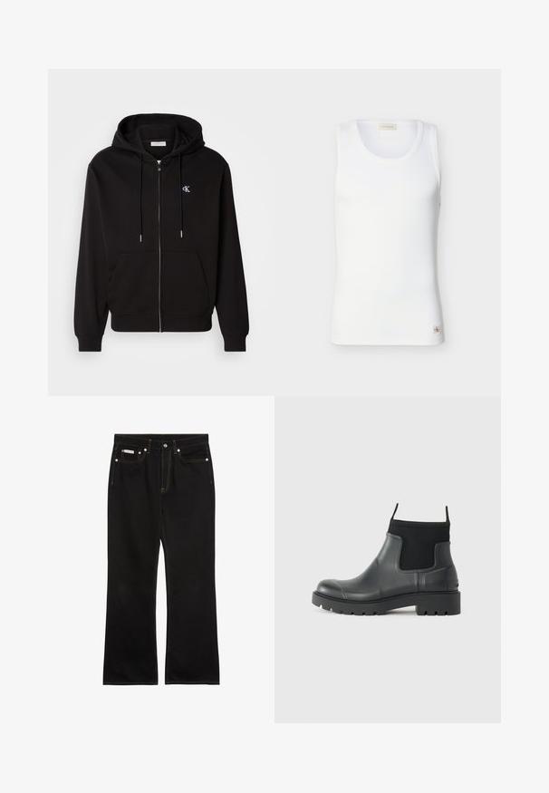 Sudadera con cremallera negra hecha de una tela suave. Cuenta con una capucha con cordón, bolsillos frontales y un pequeño logotipo bordado en el pecho.; Camiseta sin mangas blanca acanalada con escote redondo y pequeña etiqueta con el logo de Calvin Klein cerca del dobladillo sobre un fondo liso.; Vaqueros negros de pierna recta con costuras naranjas, cinco bolsillos, cierre de botón y una pequeña etiqueta Calvin Klein en el bolsillo delantero derecho.; Botas de tobillo negras de goma con acabado mate, que presentan un diseño elegante, paneles elásticos y una suela gruesa para mayor tracción.