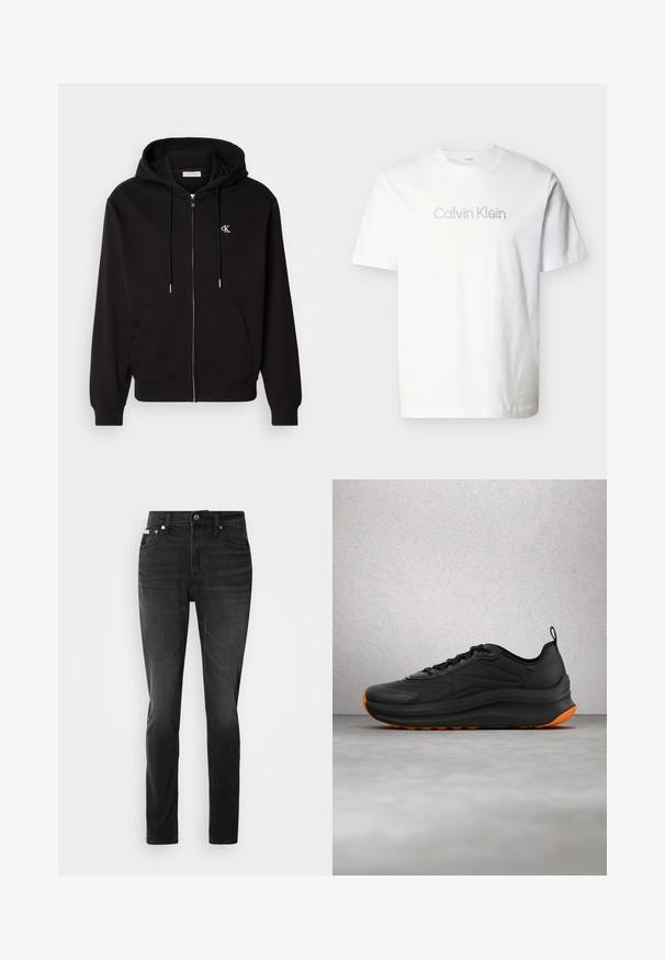 Schwarze Zip-Hoodie aus weichem Material. Mit einer Kapuze mit Kordelzug, Fronttaschen und einem kleinen gestickten Logo auf der Brust.; Weißes T-Shirt mit kurzen Ärmeln aus Baumwolle, mit einem grauen "Calvin Klein"-Logo auf der Brust in minimalistischer Schrift.; Schwarze Jeans aus Denim mit schmaler Passform, fünf Taschen und Knopfverschluss. Mit einem subtilen Verblassen und Nähakzenten an den Taschen.; Schwarzer Sportschuh mit orangefarbenen Akzenten, der über einem polierten grauen Boden in einem modernen Innenraum mit Glasbausteinen schwebt.