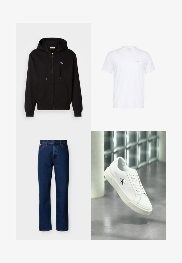 Schwarze Zip-Hoodie aus weichem Material. Mit einer Kapuze mit Kordelzug, Fronttaschen und einem kleinen gestickten Logo auf der Brust.; Weißes T-Shirt mit kurzen Ärmeln und Rundhalsausschnitt, mit kleinem schwarzem Calvin Klein-Logo auf der linken Brust.; Dunkelblaue, gerade geschnittene Jeans aus Denim, mit klassischem Fünf-Taschen-Design, dezenter Nahtführung und vorderer Knopfverschluss.; Weißer Calvin Klein Sneaker mit Schnürsenkeln, schwebend über einem polierten Betonboden und einer Glasbausteinwand im Hintergrund dargestellt.
