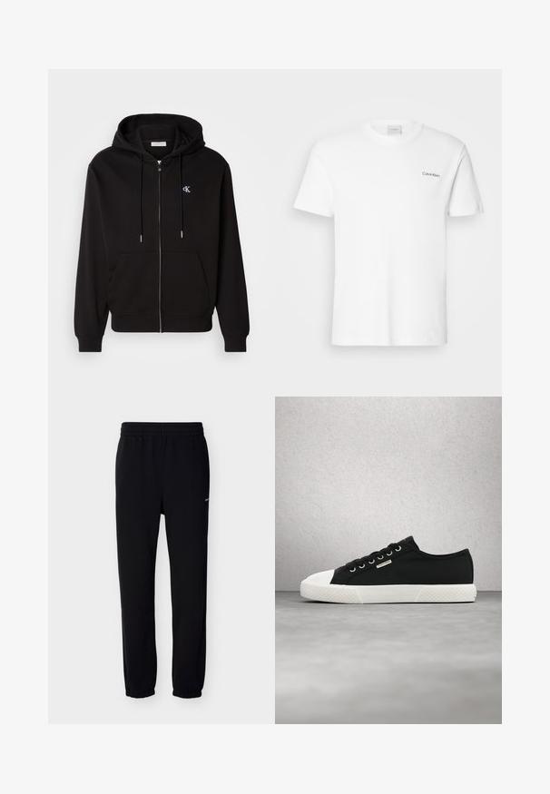 Sudadera con cremallera negra hecha de una tela suave. Cuenta con una capucha con cordón, bolsillos frontales y un pequeño logotipo bordado en el pecho.; Camiseta de algodón blanca con mangas cortas y un escote en forma de cuello redondo. Presenta un pequeño logotipo negro de "Calvin Klein" en el lado izquierdo del pecho.; Pantalones deportivos negros con cintura y puños elásticos. Hechos de tela suave. Presentan un pequeño logo blanco en el lado izquierdo.; Zapatilla Calvin Klein baja en blanco y negro con cordones, flotando sobre un suelo gris liso cerca de una pared de bloques de vidrio.