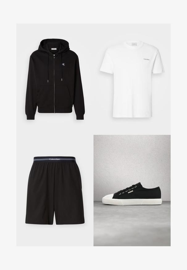 Sudadera con cremallera negra hecha de una tela suave. Cuenta con una capucha con cordón, bolsillos frontales y un pequeño logotipo bordado en el pecho.; Camiseta de algodón blanca con mangas cortas y un escote en forma de cuello redondo. Presenta un pequeño logotipo negro de "Calvin Klein" en el lado izquierdo del pecho.; Pantalones cortos negros de Calvin Klein para hombre con cintura elástica y banda con la marca, de longitud hasta la rodilla, diseño liso, exhibidos planos sobre fondo blanco.; Zapatilla Calvin Klein baja en blanco y negro con cordones, flotando sobre un suelo gris liso cerca de una pared de bloques de vidrio.