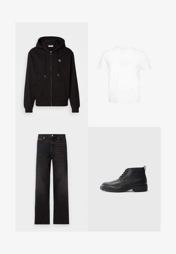 Μαύρη φούτερ hoodie με φερμουάρ, κατασκευασμένη από μαλακό ύφασμα. Διαθέτει κουκούλα με κορδόνι, μπροστινές τσέπες και ένα μικρό κεντητό λογότυπο στο στήθος.; Λευκό κοντομάνικο T-shirt με στρογγυλή λαιμόκοψη και μικρό κεντητό λογότυπο "ck" στο αριστερό στήθος.; Μαύρα τζιν με ευθεία γραμμή, σχεδίαση πέντε τσεπών, θηλιές για ζώνη και κλείσιμο με κουμπί, παρουσιασμένα σε λευκό φόντο.; Μαύρες δερμάτινες μπότες με υφή, στρογγυλή μύτη, κορδόνια μπροστά και ανθεκτική καουτσούκ σόλα. Διαθέτουν μια μικρή λαβή στο πίσω μέρος.