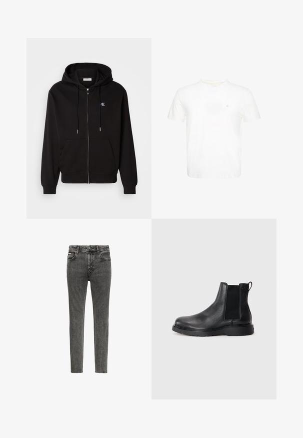 Sort zip-up hoodie lavet af blødt stof. Har en hætte med snore, frontlommer og et lille broderet logo på brystet.; Hvid T-shirt med korte ærmer og rund hals med lille broderet "ck" logo på venstre bryst.; Slim-fit, falmet sort denim jeans med fem lommer, bæltestropper og knaplukning ved taljen, vist forfra på en hvid baggrund.; Sorte læder chelsea støvler med tekstureret finish, elastiske sidepaneler og en robust gummisål. Subtil branding på hælen.