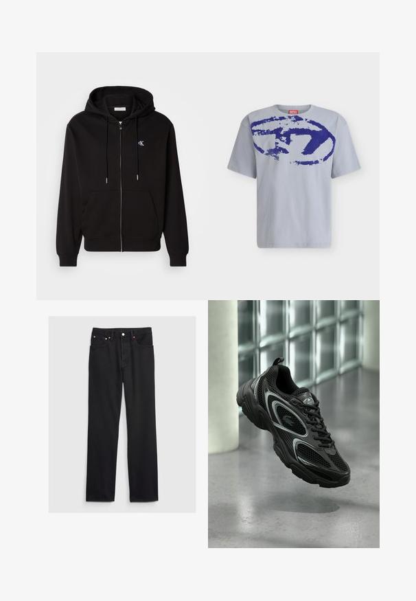 Schwarze Zip-Hoodie aus weichem Material. Mit einer Kapuze mit Kordelzug, Fronttaschen und einem kleinen gestickten Logo auf der Brust.; Hellgraues Kurzarm-T-Shirt mit einem großen abstrakten dunkelblauen Grafikmotiv auf der Brust und einem roten Diesel-Label innen im Kragen.; GAP 90S LOOSE - Loose Jeans - black; Schwarzer Sportschuh aus Mesh- und synthetischem Material, mit profilierter Sohle, schlankem Design, silbernen Akzenten und vorderer Schnürung.