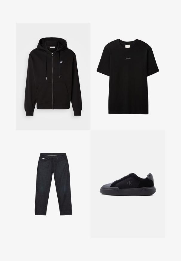 Sort zip-up hoodie lavet af blødt stof. Har en hætte med snore, frontlommer og et lille broderet logo på brystet.; Sort bomulds-T-shirt med rund hals og korte ærmer. Har en lille hvid "Calvin Klein"-logo på forsiden. Glat, klassisk pasform.; Mørkeblå denimjeans med et lige ben, der har fem lommer og minimal syning for et rent udseende.; Sort lav sko med tyk sål, snørebånd foran og diskret "cK"-logo på sidespanden.