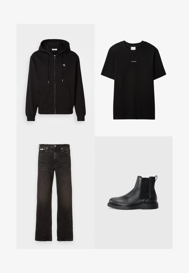 Μαύρη φούτερ hoodie με φερμουάρ, κατασκευασμένη από μαλακό ύφασμα. Διαθέτει κουκούλα με κορδόνι, μπροστινές τσέπες και ένα μικρό κεντητό λογότυπο στο στήθος.; Μαύρο βαμβακερό μπλουζάκι με στρογγυλή λαιμόκοψη και κοντά μανίκια. Διαθέτει μικρό λευκό λογότυπο "Calvin Klein" στο μπροστινό μέρος. Ομαλή, κλασική εφαρμογή.; Μαύρα τζιν παντελόνια με ίσια γραμμή, ξεθωριασμένο φινίρισμα, σχεδίαση πέντε τσεπών και μεταλλικό κούμπωμα. Διαθέτει ελαφριά γαρίδα.; Μαύρα δερμάτινα μποτίνια Chelsea με υφή, ελαστικές πλαϊνές ταινίες και ανθεκτική καουτσούκ σόλα. Διακριτική σήμανση στη φτέρνα.