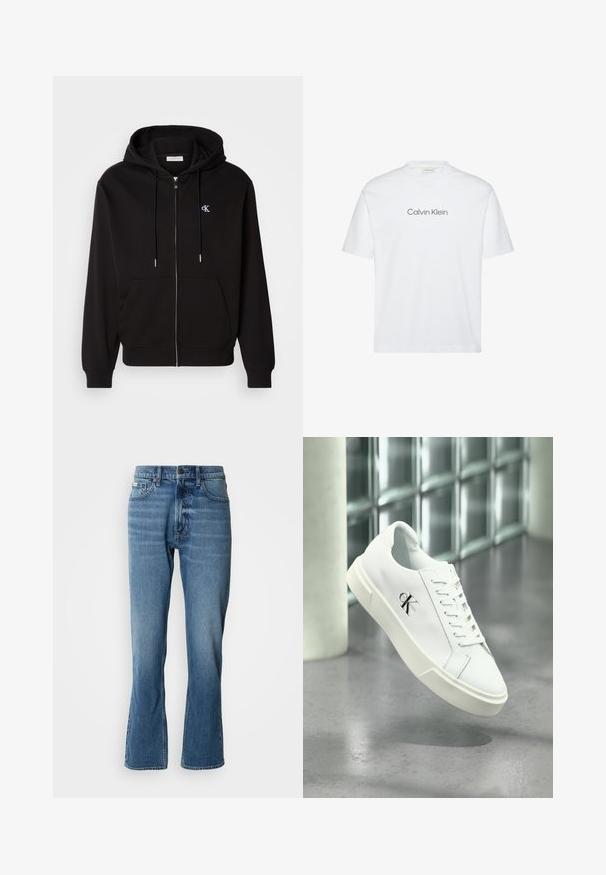 Schwarze Zip-Hoodie aus weichem Material. Mit einer Kapuze mit Kordelzug, Fronttaschen und einem kleinen gestickten Logo auf der Brust.; Weißes Baumwoll-T-Shirt mit kurzen Ärmeln. Es verfügt über einen Rundhalsausschnitt und ein graues, aufgedrucktes "Calvin Klein"-Logo auf der Brust.; Hellblaue Denim-Jeans mit geradem Schnitt und leicht ausgestelltem Bein. Verfügt über fünf Taschen, einen Knopfverschluss und dezente Waschungseffekte.; Weißer Calvin Klein Sneaker mit Schnürsenkeln, schwebend über einem polierten Betonboden und einer Glasbausteinwand im Hintergrund dargestellt.